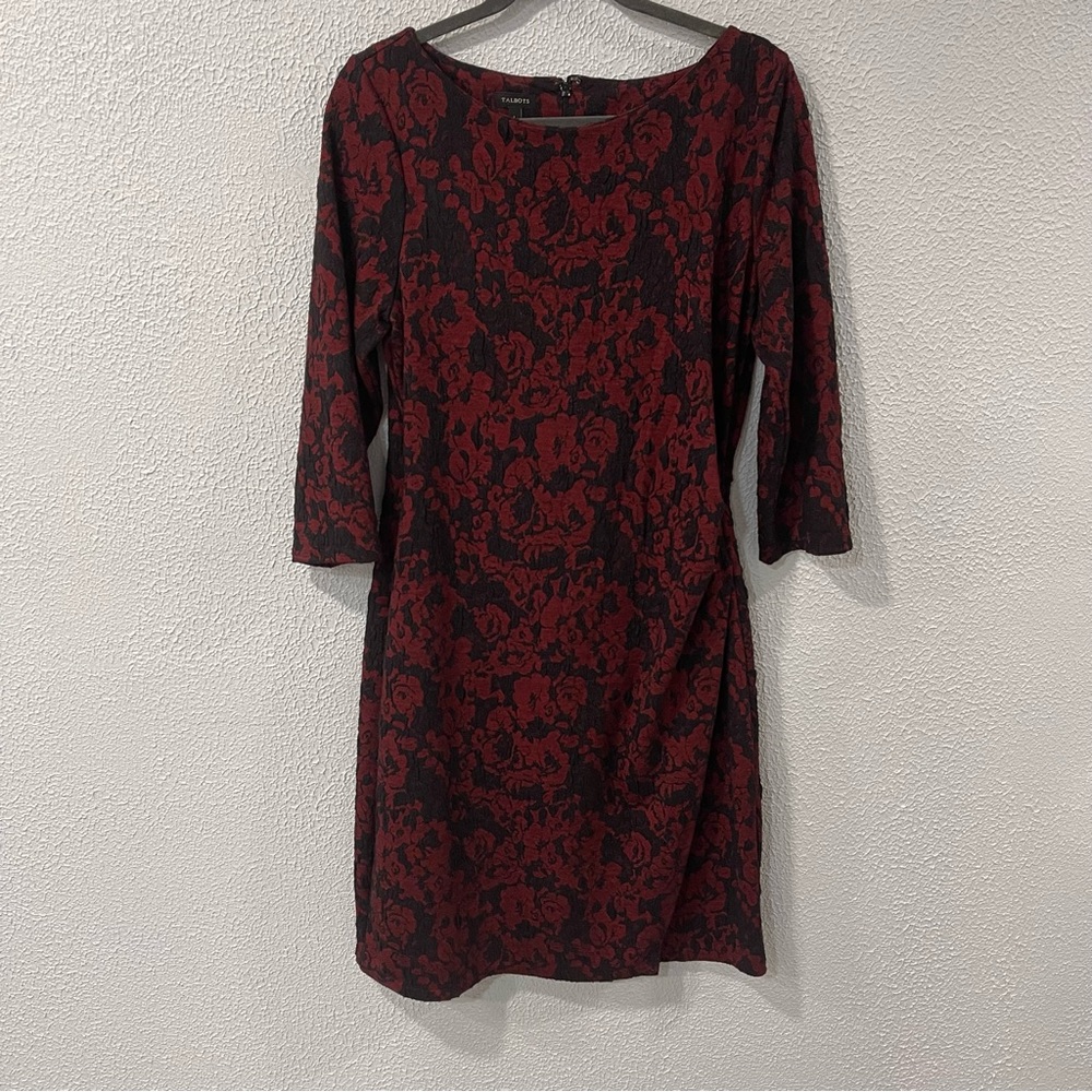 TALBOTS Black / Red Floral Cocktail Party Dress Size Large With Slit On The Left